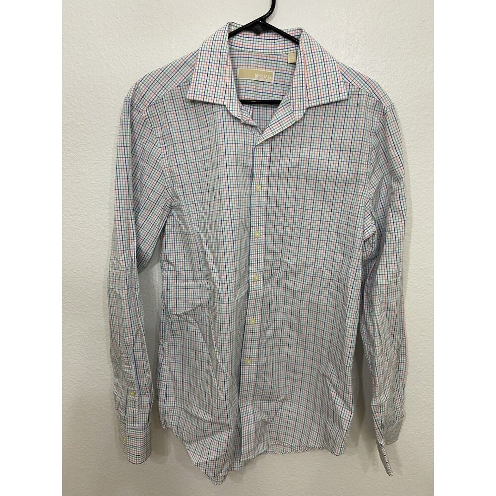 Michael Kors Dress Shirt Adult Med White Designer Blue Green Plaid Men L 34/35